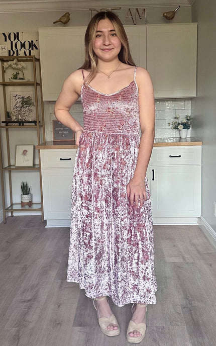 Rosalie velvet midi dress with embroidered details and smocked bodice