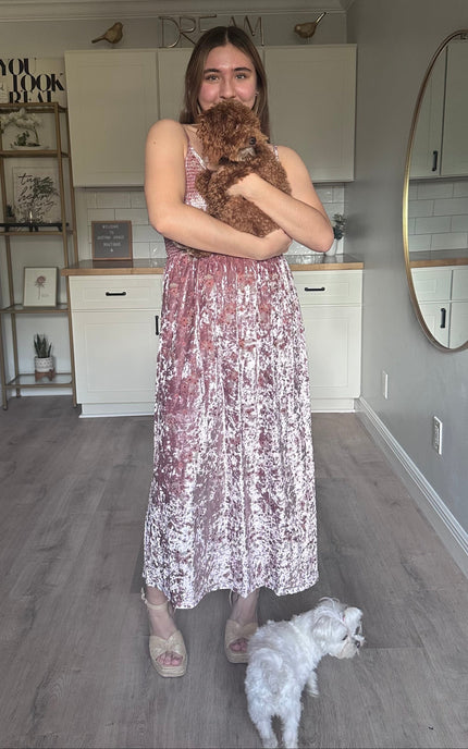 Rosalie embroidered velvet dress styled for an elevated occasion look