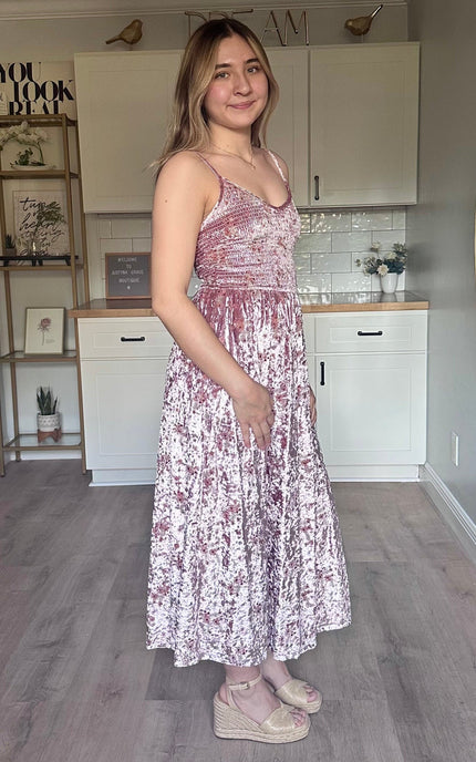 Soft velvet dress with smocked waist and feminine flowy silhouette