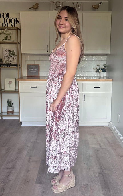 Soft velvet dress with smocked waist and feminine flowy silhouette