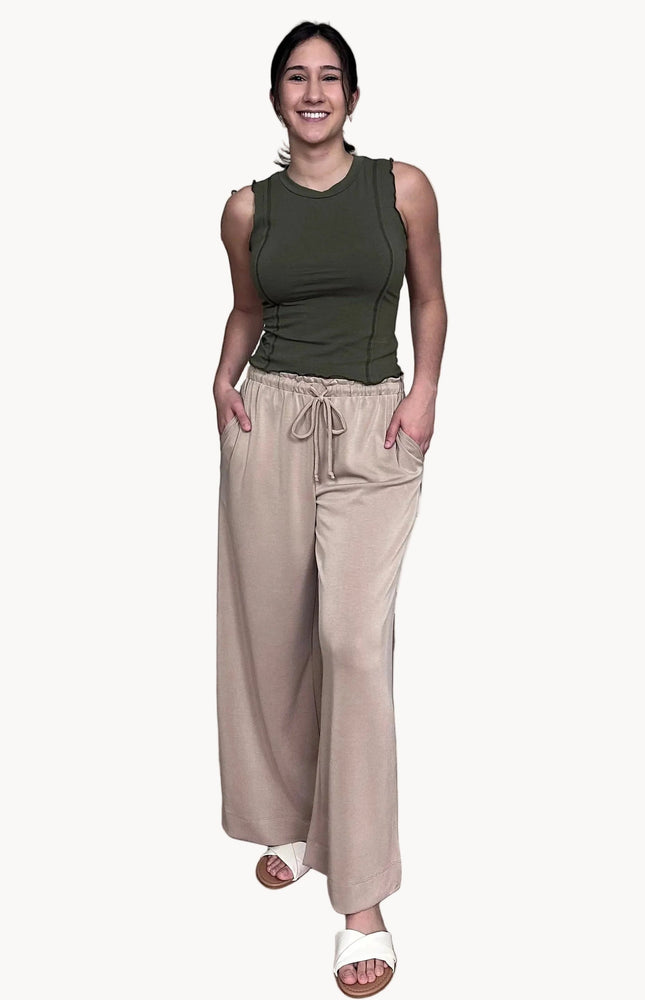 Ruffle waist wide leg pants with pull-on elastic waistband and relaxed fit