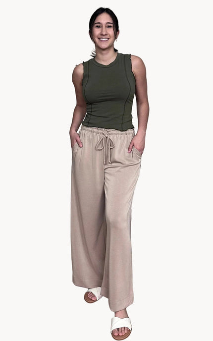 Ruffle waist wide leg pants with pull-on elastic waistband and relaxed fit