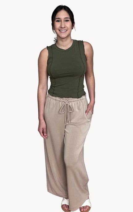 Ruffle waist wide leg pants with pull-on elastic waistband and relaxed fit