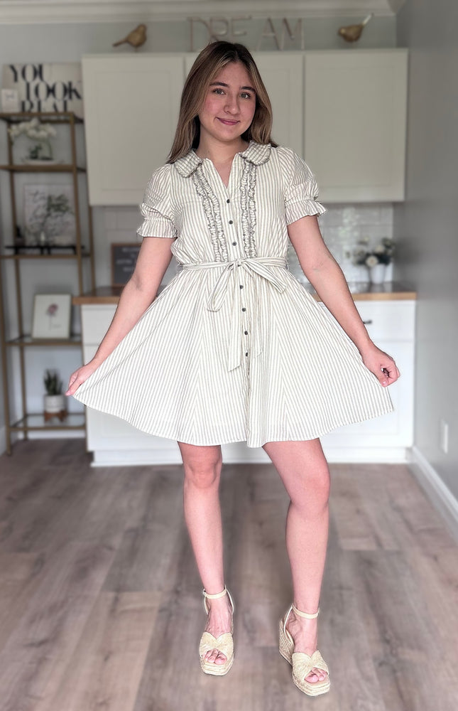 Ruthie striped ruffled mini dress in lightweight cotton with button-down front, elastic waist, and removable sash