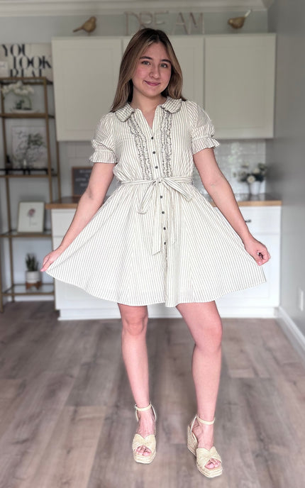 Ruthie striped ruffled mini dress in lightweight cotton with button-down front, elastic waist, and removable sash