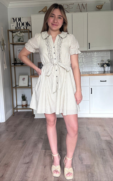 Ruthie striped ruffled mini dress in lightweight cotton with button-down front, elastic waist, and removable sash