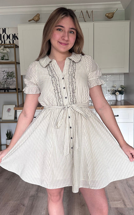 Ruthie striped ruffled mini dress in lightweight cotton with button-down front, elastic waist, and removable sash