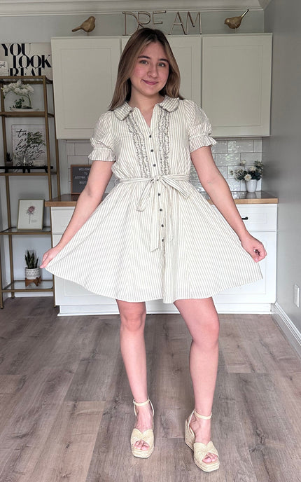 Ruthie striped ruffled mini dress in lightweight cotton with button-down front, elastic waist, and removable sash
