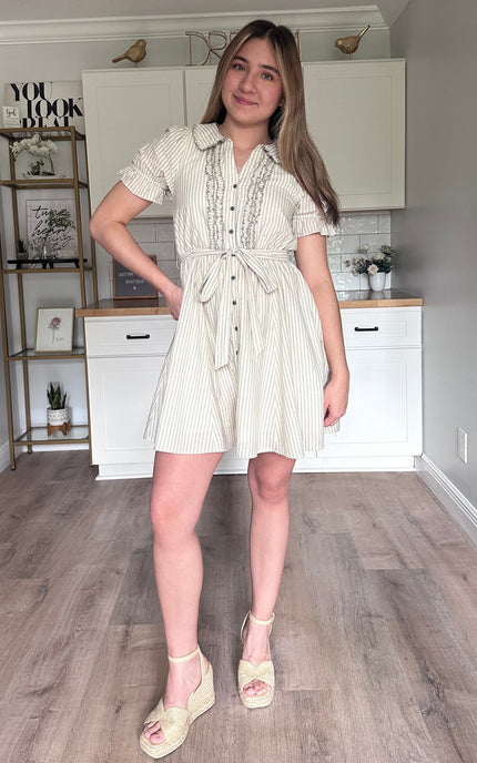 Ruthie striped ruffled mini dress styled for warm weather with breathable cotton fabric and easy silhouette