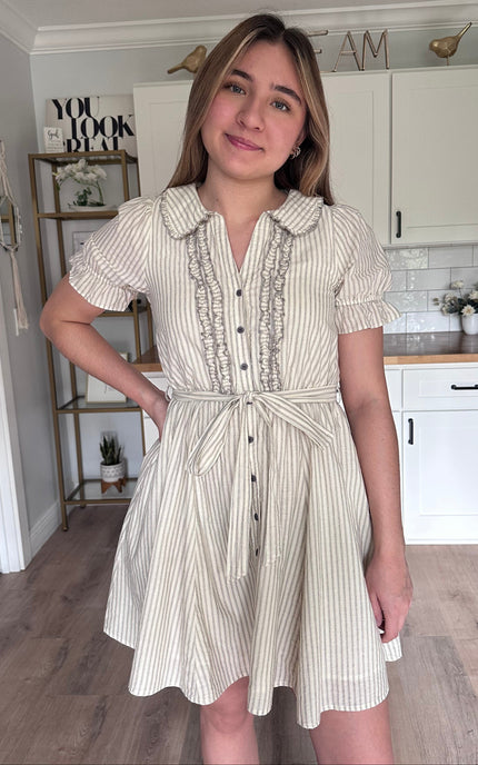Ruthie striped ruffled mini dress in lightweight cotton with button-down front, elastic waist, and removable sash