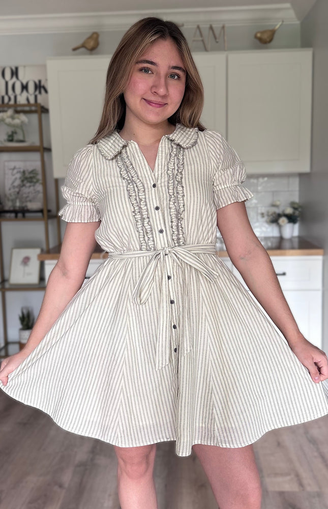 Ruthie striped ruffled mini dress in lightweight cotton with button-down front, elastic waist, and removable sash