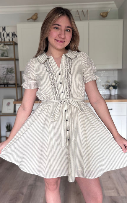 Ruthie striped ruffled mini dress in lightweight cotton with button-down front, elastic waist, and removable sash