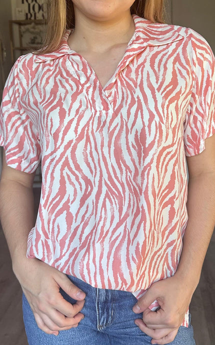Safari Lines Polo coral zebra print blouse with short sleeves
