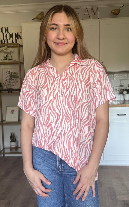 Safari Lines Polo coral zebra print blouse with short sleeves