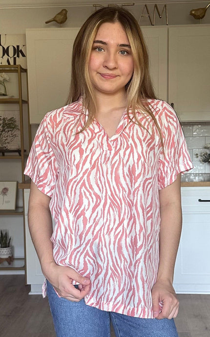 Safari Lines Polo lightweight coral printed top with relaxed fit