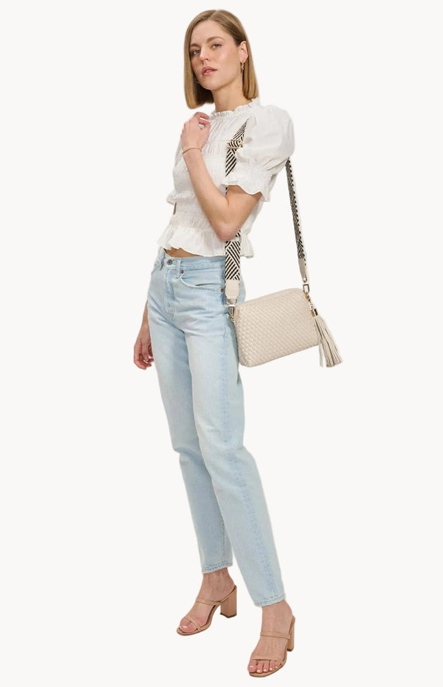 Selene woven crossbody bag in vegan leather with adjustable strap and gold hardware