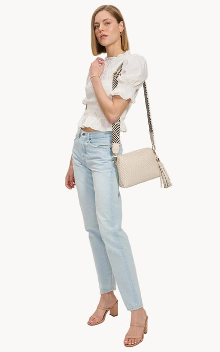 Selene woven crossbody bag in vegan leather with adjustable strap and gold hardware