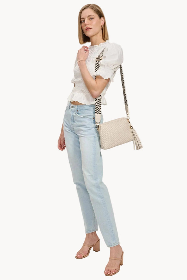 Selene woven crossbody bag in vegan leather with adjustable strap and gold hardware