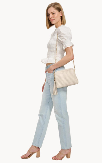 Selene woven crossbody bag in vegan leather with adjustable strap and gold hardware