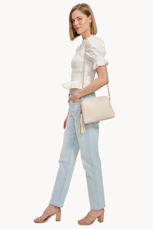 Selene woven crossbody bag in vegan leather with adjustable strap and gold hardware