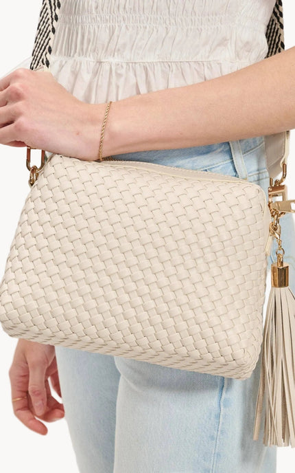 Selene woven crossbody bag in vegan leather with adjustable strap and gold hardware