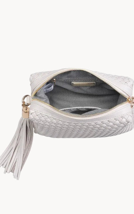 Selene woven crossbody bag in vegan leather with adjustable strap and gold hardware