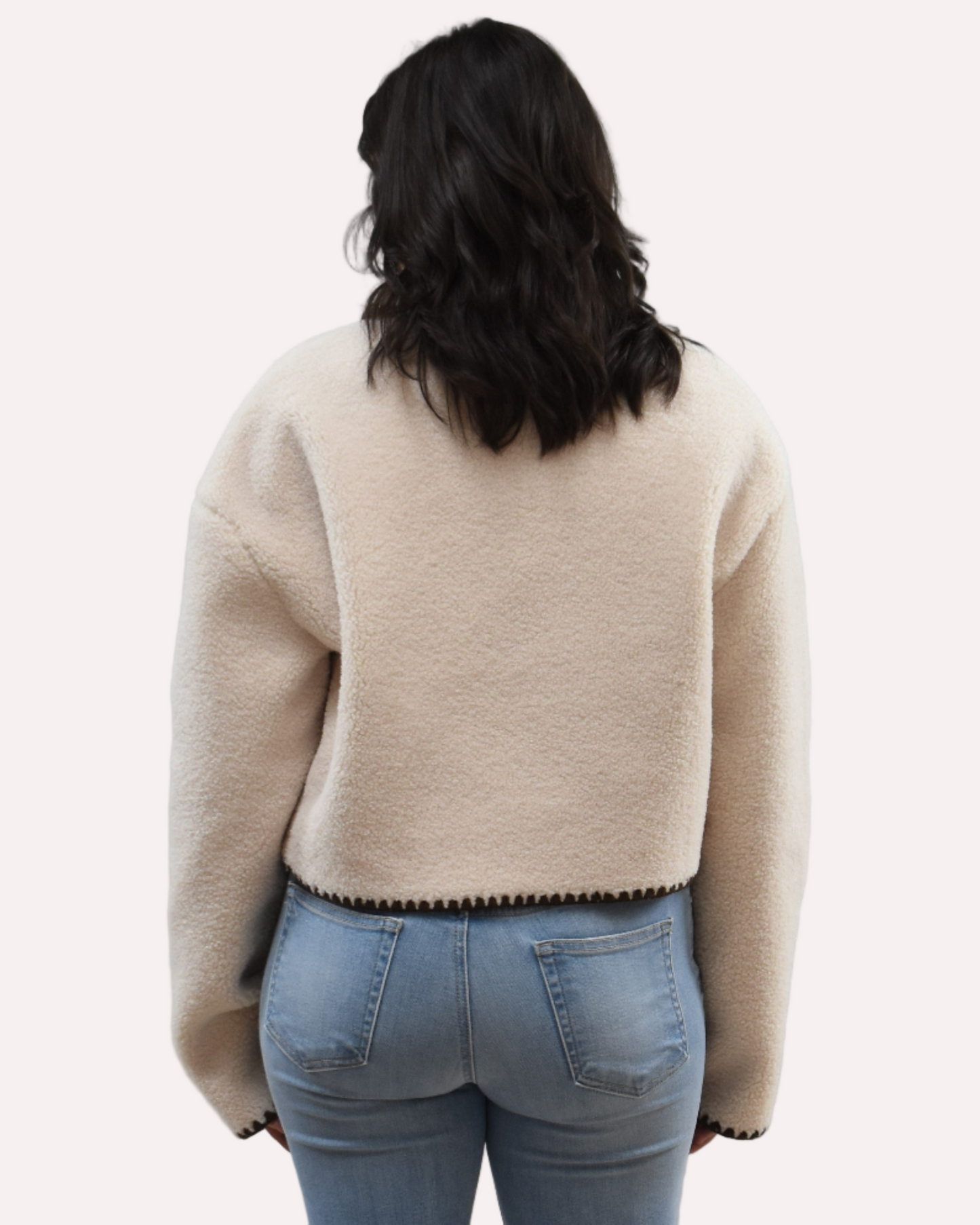Cream Sherpa Stitch Jacket on soft linen background, featuring plush sherpa fabric and contrast stitching