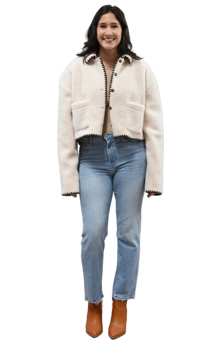 Cream Sherpa Stitch Jacket on soft linen background, featuring plush sherpa fabric and contrast stitching