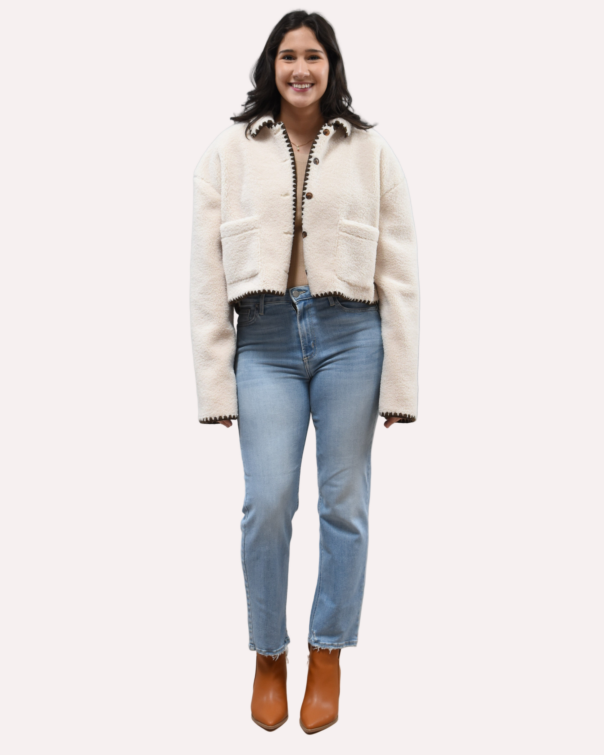 Cream Sherpa Stitch Jacket on soft linen background, featuring plush sherpa fabric and contrast stitching