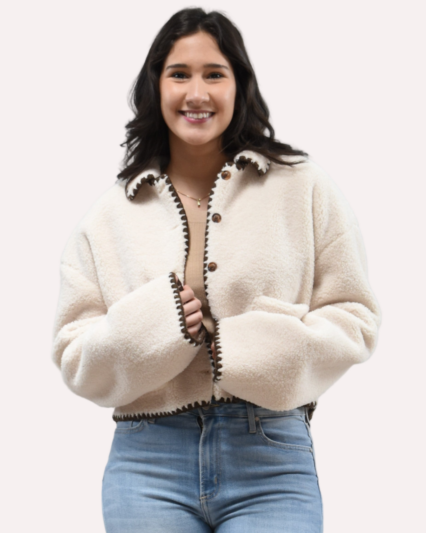 Cream Sherpa Stitch Jacket on soft linen background, featuring plush sherpa fabric and contrast stitching
