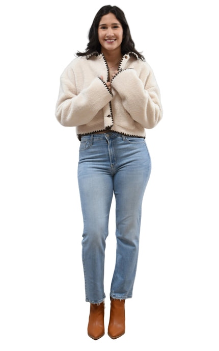 Cream Sherpa Stitch Jacket on soft linen background, featuring plush sherpa fabric and contrast stitching