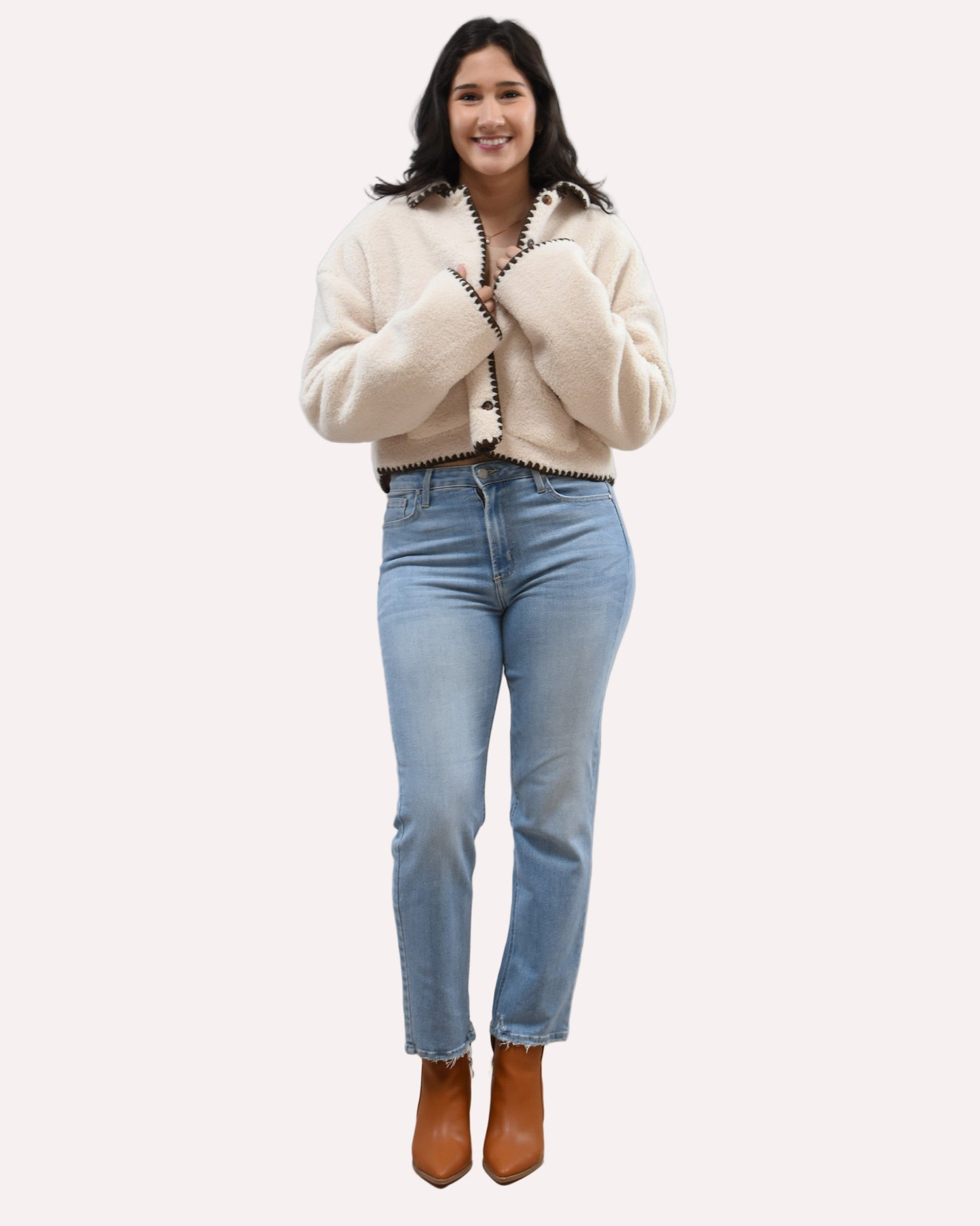 Cream Sherpa Stitch Jacket on soft linen background, featuring plush sherpa fabric and contrast stitching