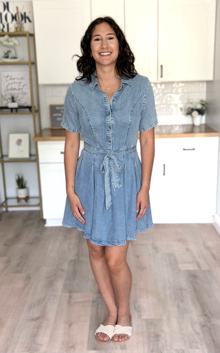 Light-wash Tencel A-line shirt dress with button-front bodice and short sleeves