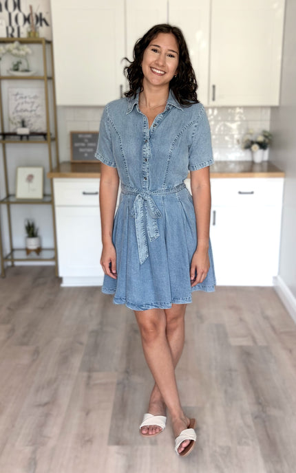 A-line shirt dress on model (5'8", Size Large, Bust 37"), showing button-front bodice and self-tie waist