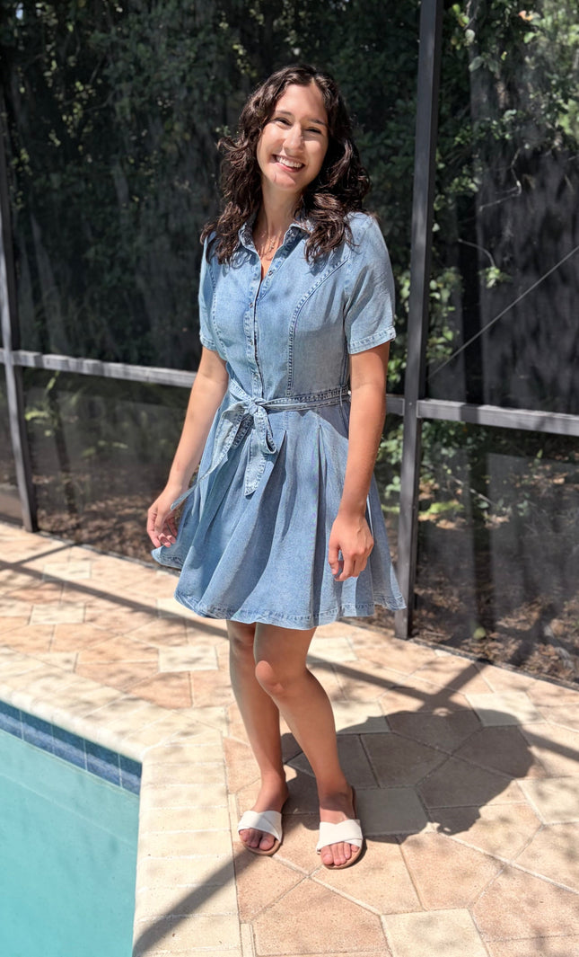 Light-wash Tencel A-line shirt dress with button-front bodice and short sleeves