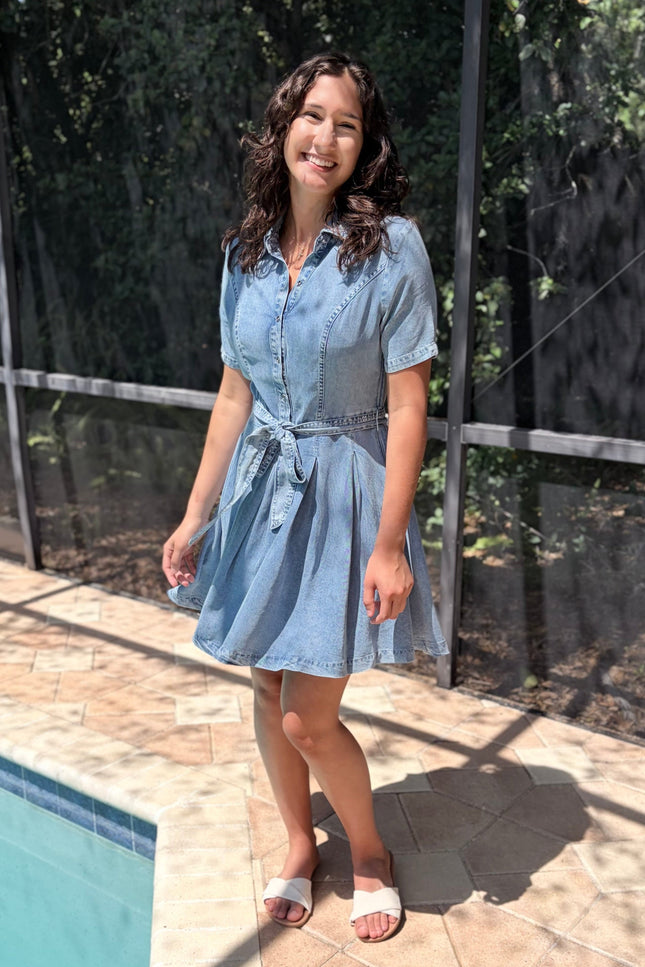 Light-wash Tencel A-line shirt dress with button-front bodice and short sleeves