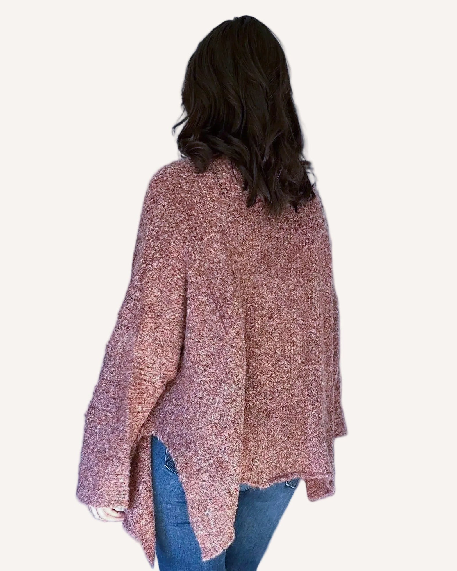 Open-front longline stretch knit cardigan with relaxed dolman sleeves