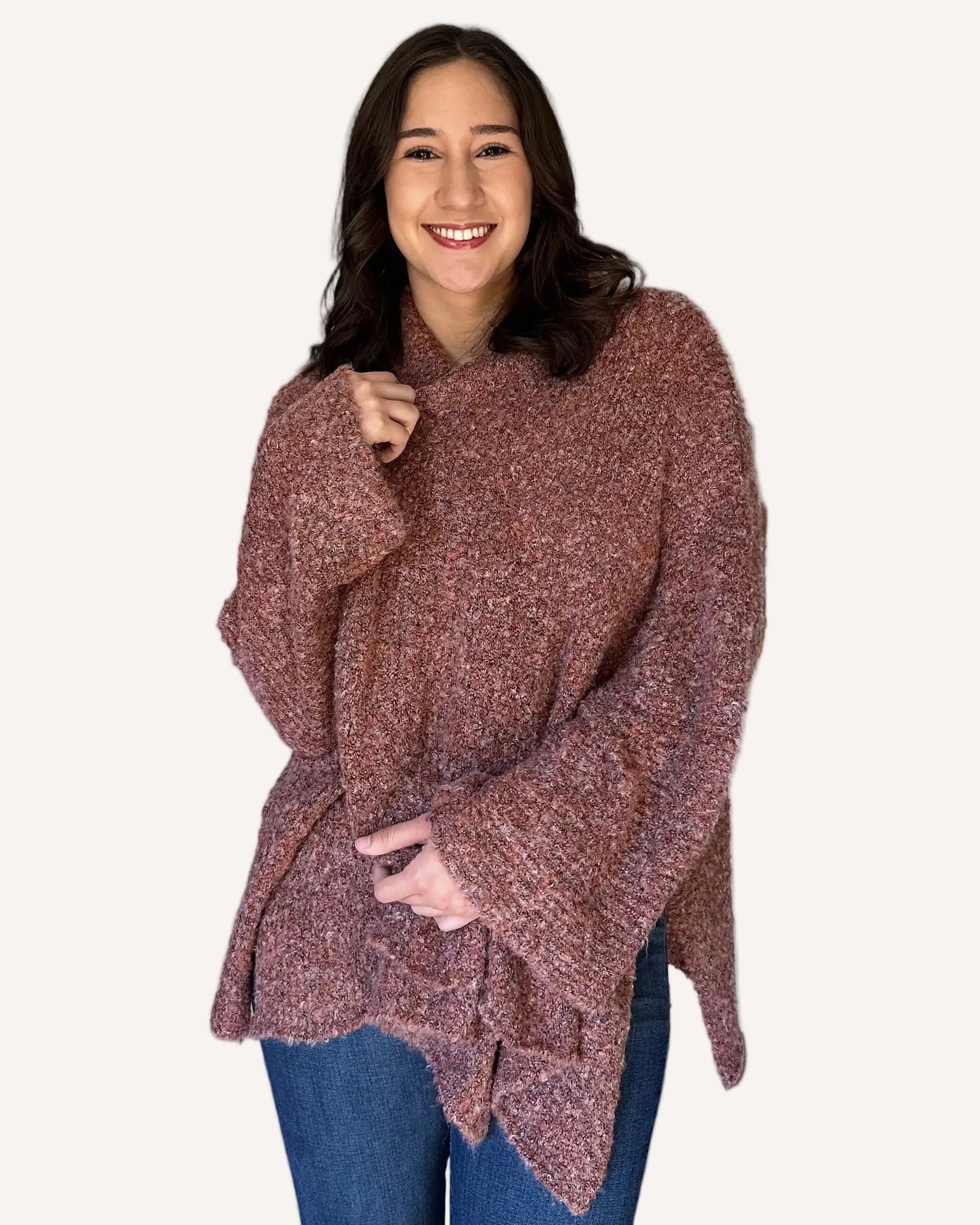 Lightweight stretch knit cardigan with fluid drape and contemporary fit