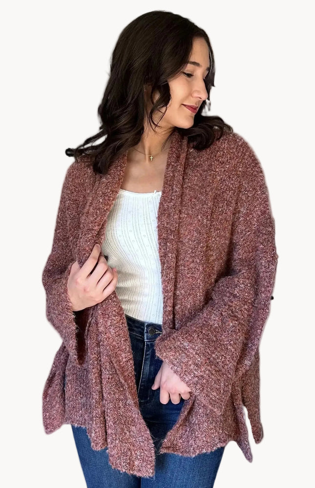 Open-front longline stretch knit cardigan with relaxed dolman sleeves