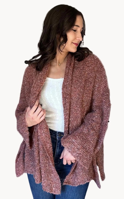 Open-front longline stretch knit cardigan with relaxed dolman sleeves