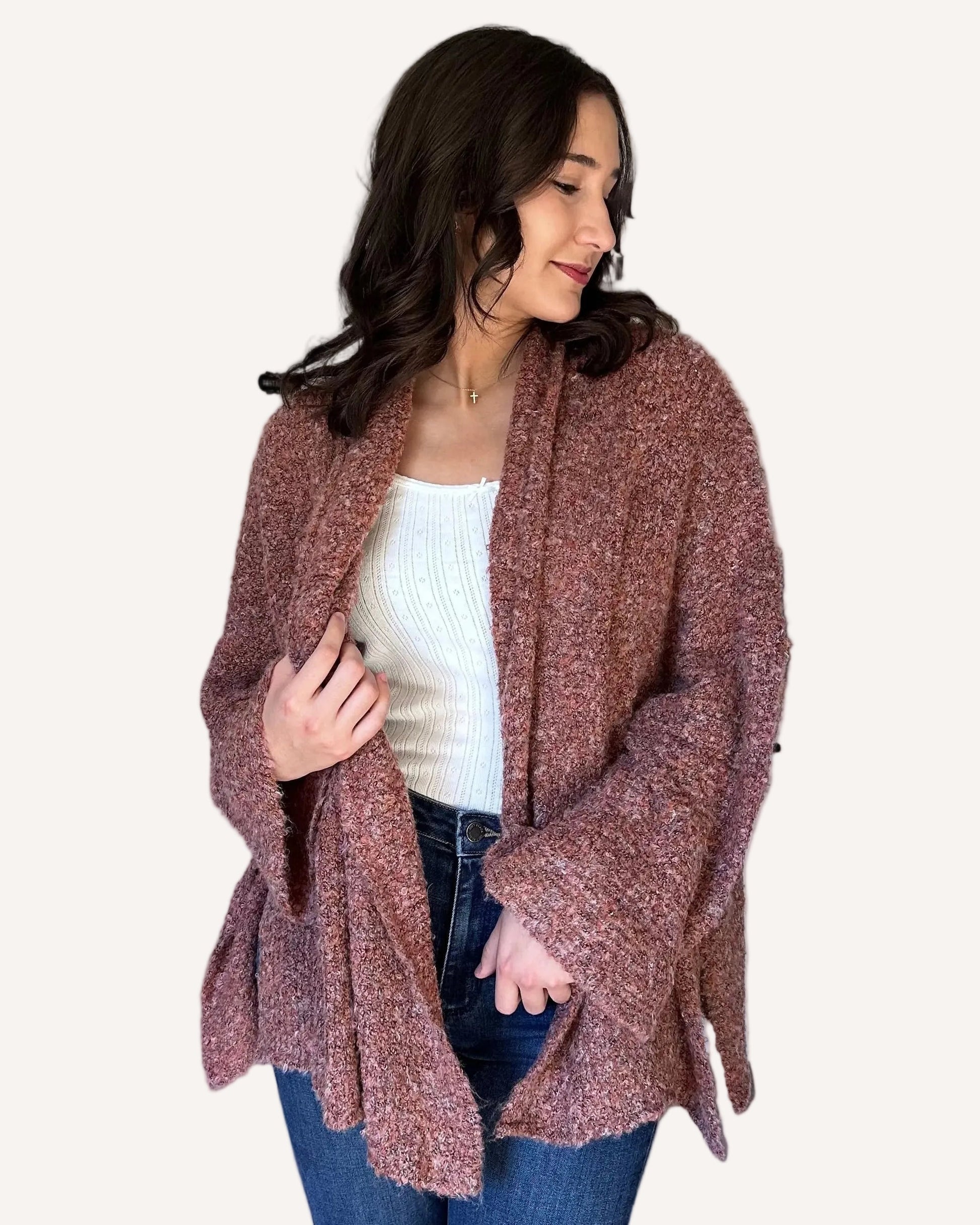 Open-front longline stretch knit cardigan with relaxed dolman sleeves