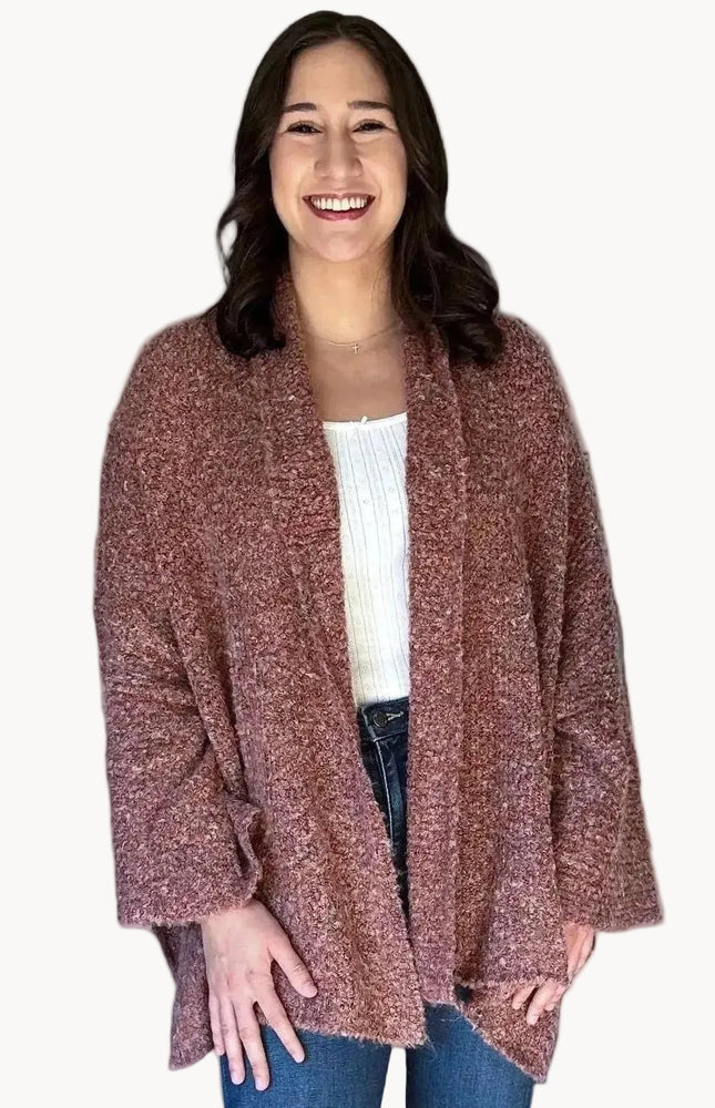 Soft stretch knit fabric with relaxed drape on open-front cardigan