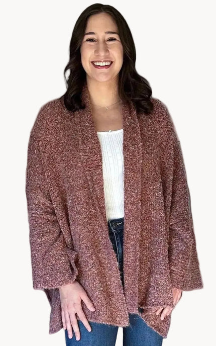 Soft stretch knit fabric with relaxed drape on open-front cardigan