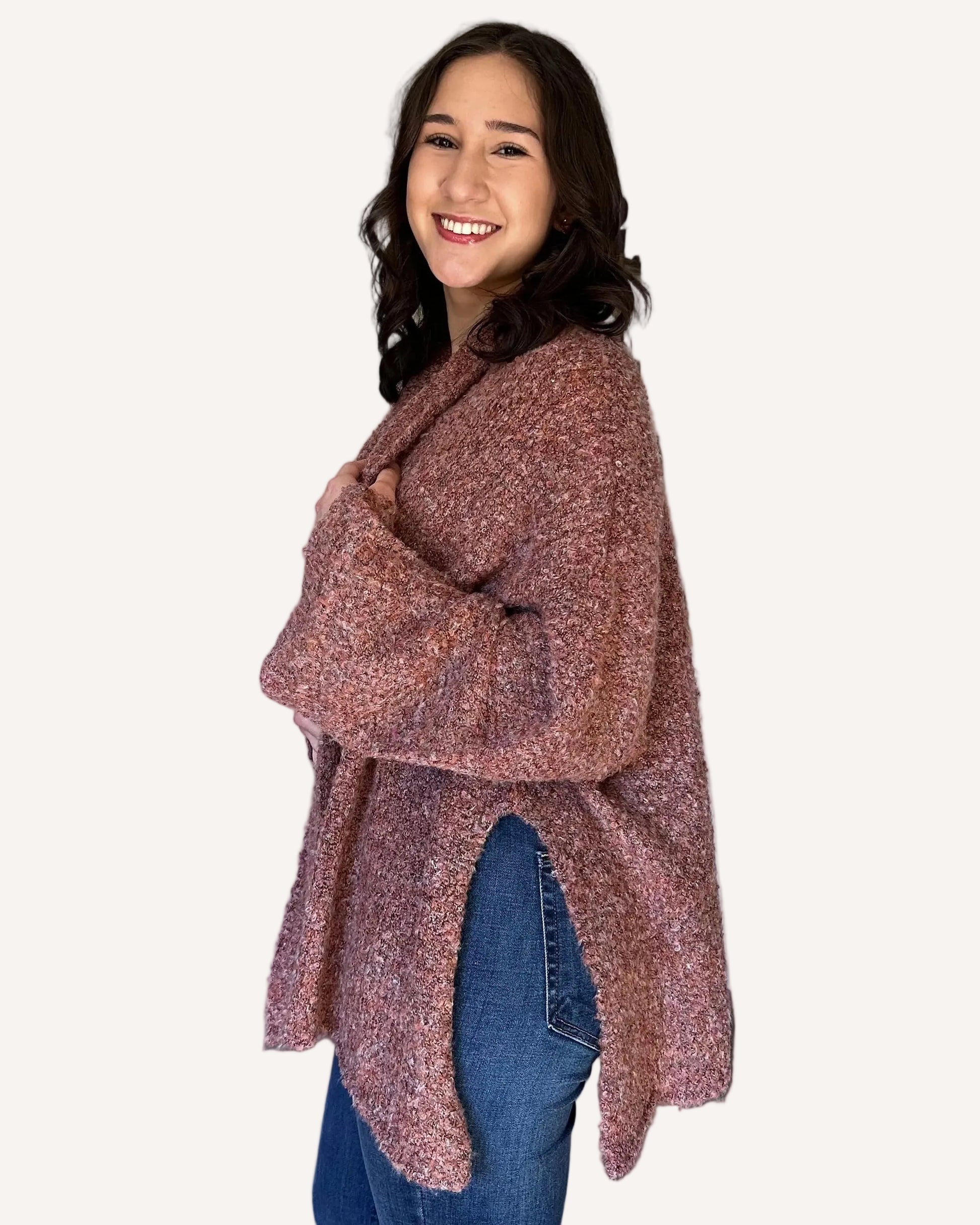 Lightweight stretch knit cardigan with fluid drape and contemporary fit