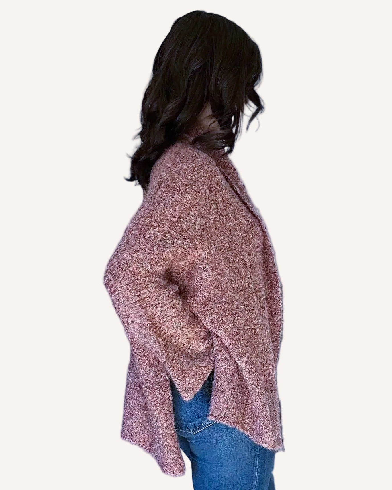 Soft stretch knit fabric with relaxed drape on open-front cardigan