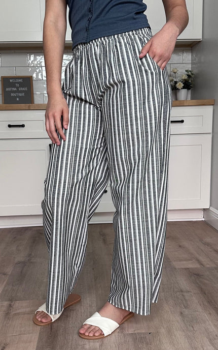 Wide leg drape on lightweight striped linen pants