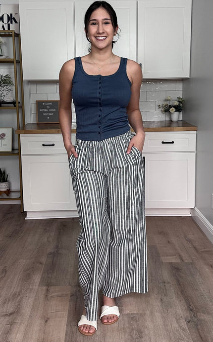 Cotton-linen blend fabric with striped pattern on wide leg pants