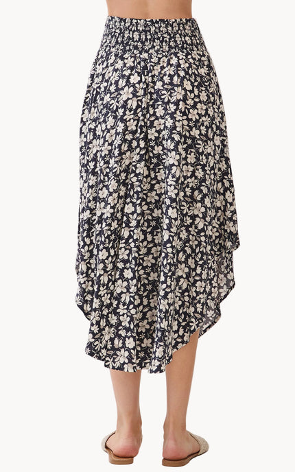 Lightweight rayon midi skirt with smocked waistband and rounded hem