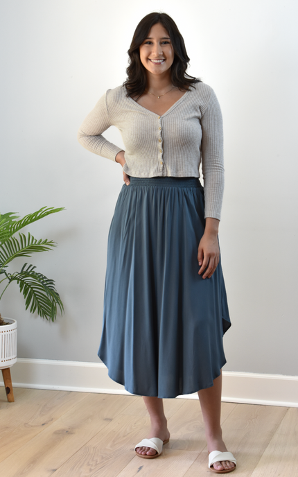 Smocked Waist Maxi Skirt — flowy rayon maxi with round hem and smocked waistband from Justyna Grace Boutique.