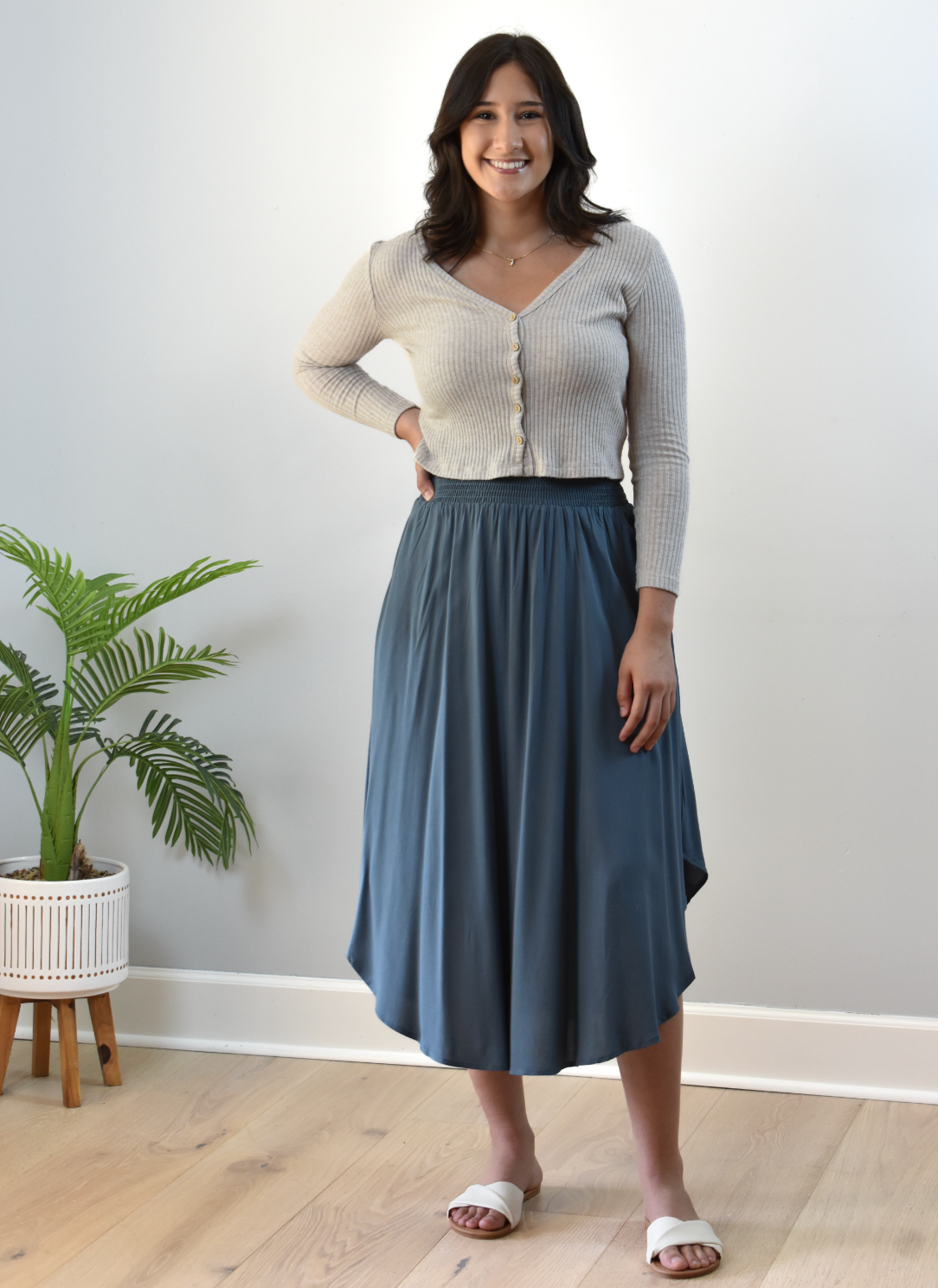 Smocked Waist Maxi Skirt — flowy rayon maxi with round hem and smocked waistband from Justyna Grace Boutique.